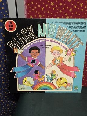 **Black and White Illustrated Kids Record Cover - Colorful Rainbow Design**
